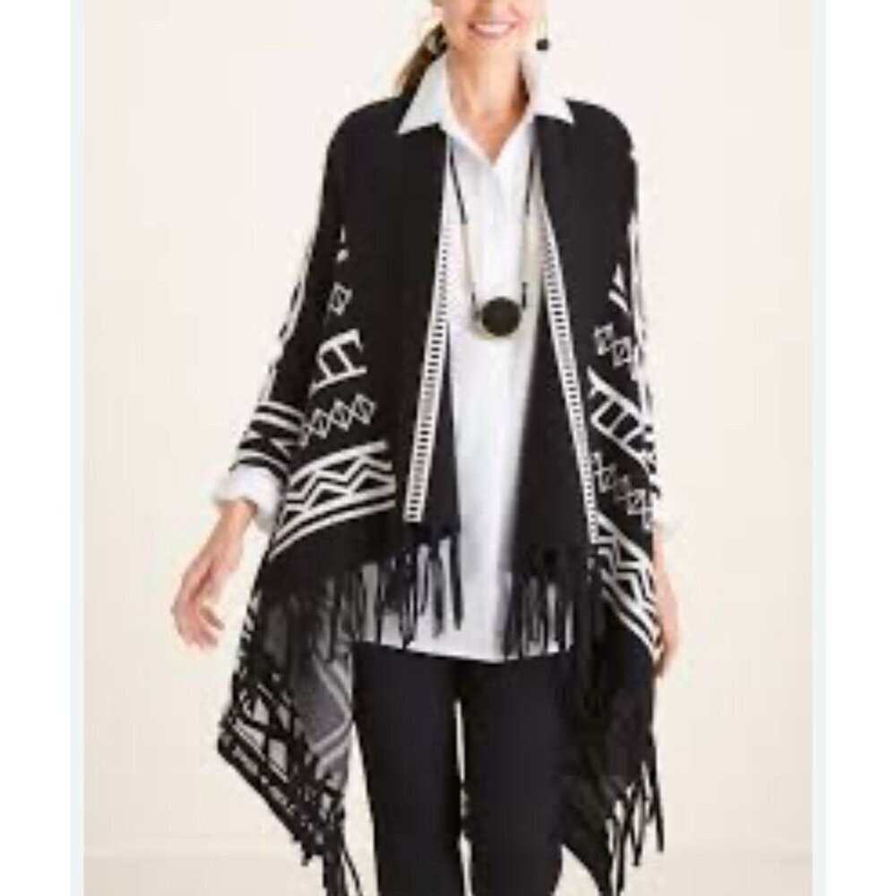 NEW Chico's Open Front Cardigan Black White Aztec Pattern w/ Fringe Size XLP 3P